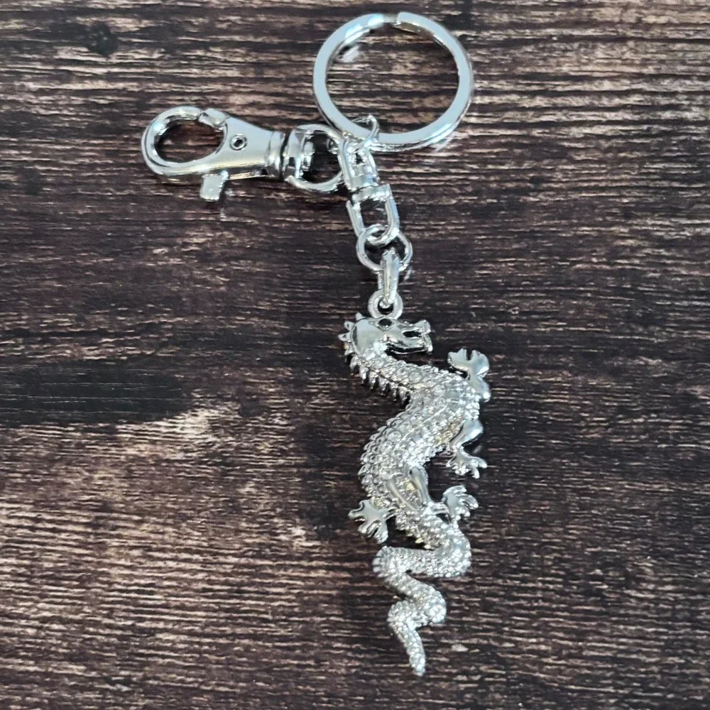 Silver Tone Dragon Keychain Rhinestone Crystal Bag Charm Lobster Clasp Accessory